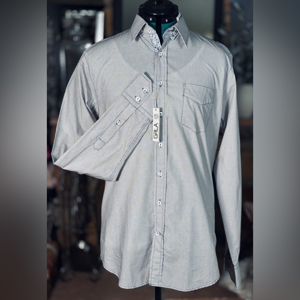 Georg Roth White, Blue & Brown Square Design Collared Button Down Shirt Sz L